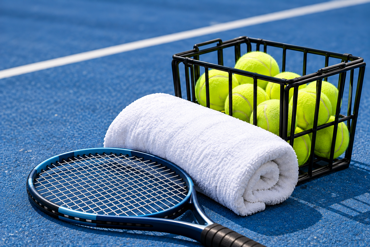 Racket och tennisbollar på banan