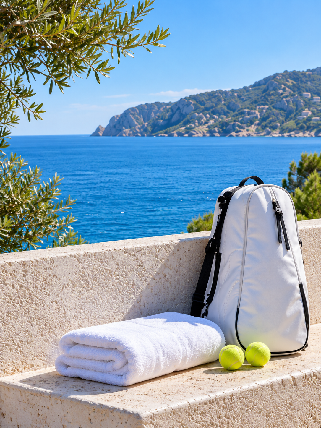 Tennisväska med utsikt över havet