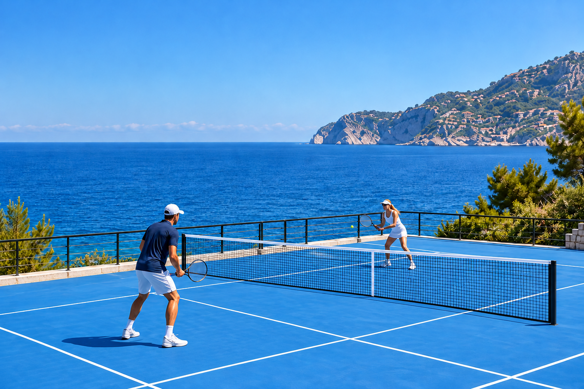 Blå tennisbana vid havet, konceptbild
