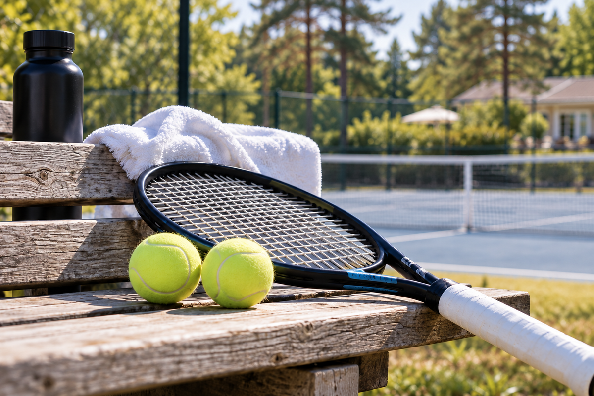 Tennisracket och bollar på en bänk