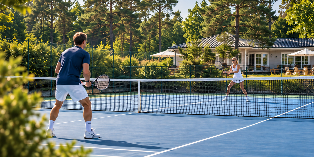 Tennisspel på en bana i grön sommarmiljö